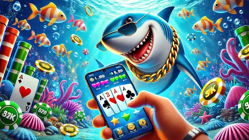 Adegan permainan tembak ikan dengan meriam dan ikan laut di layar